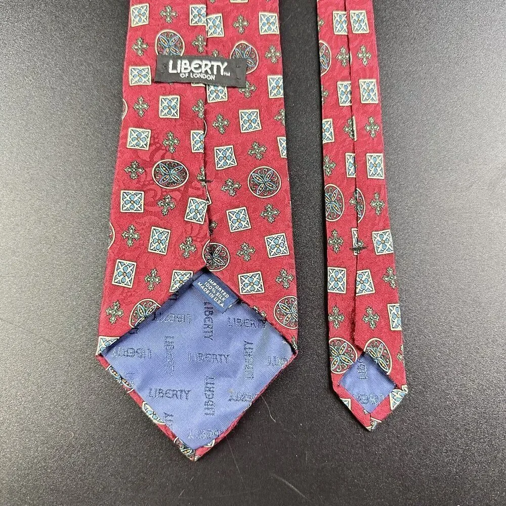 Liberty of London Tie Mens Classic Burgundy Blue Imported Silk Floral Medallion*